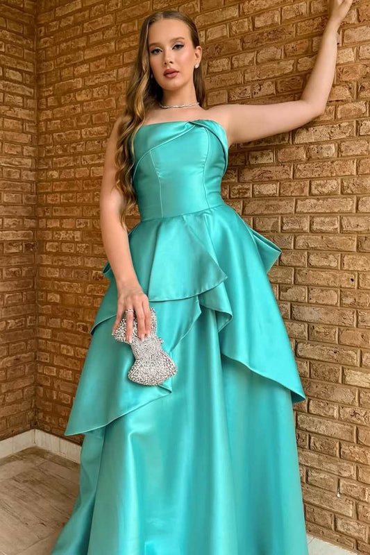 Green A-Line Strapless Ruffles Satin Long Evening Prom Dress   P2577