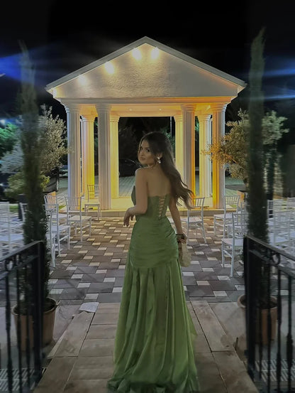 Green Chiffon Pleated Wedding Guest Dress Formal Prom Dress  P1114