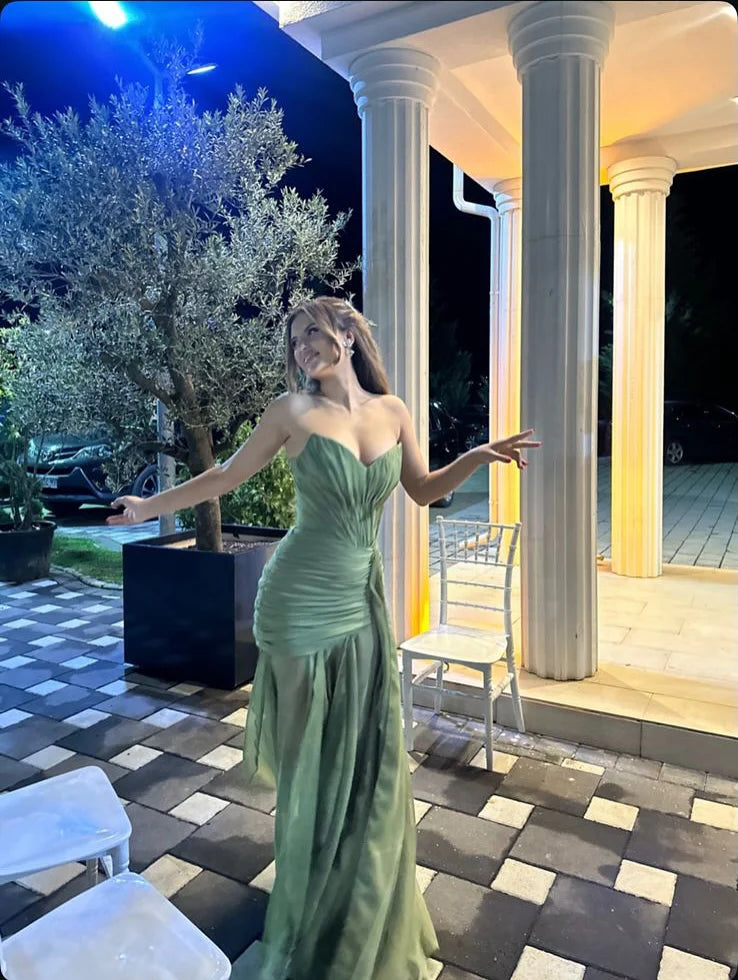 Green Chiffon Pleated Wedding Guest Dress Formal Prom Dress  P1114