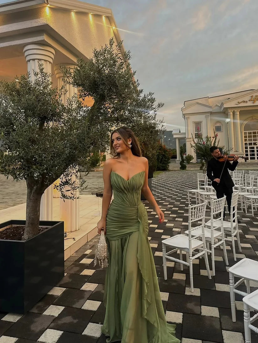 Green Chiffon Pleated Wedding Guest Dress Formal Prom Dress  P1114