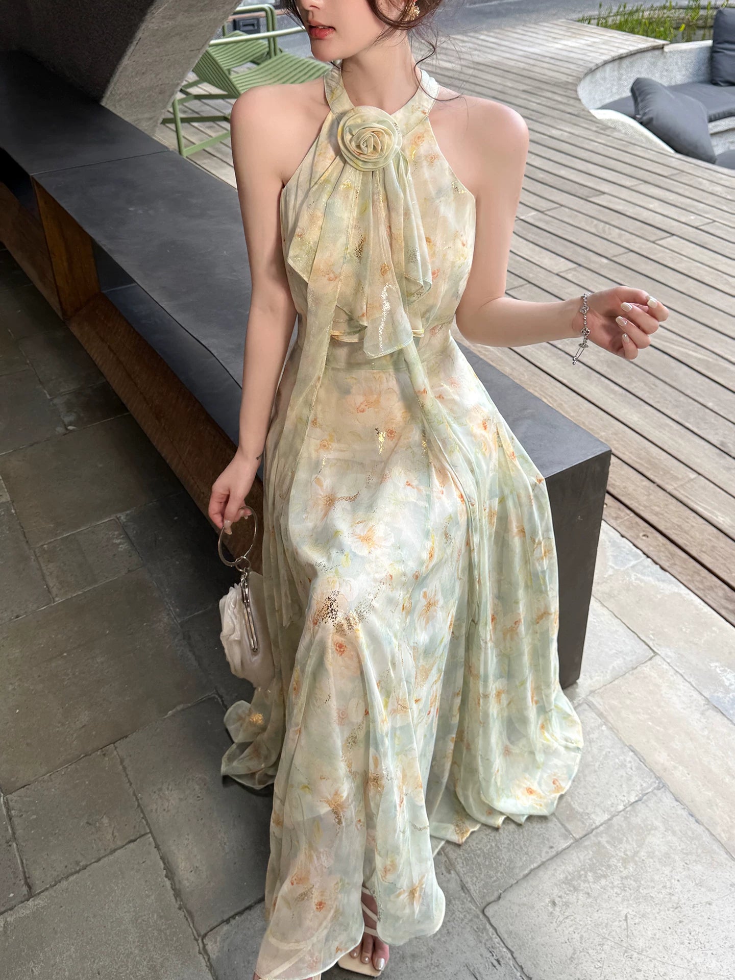 Green Flora Printed A Line Summer Dress Formal Wedding Guest Dress  L95