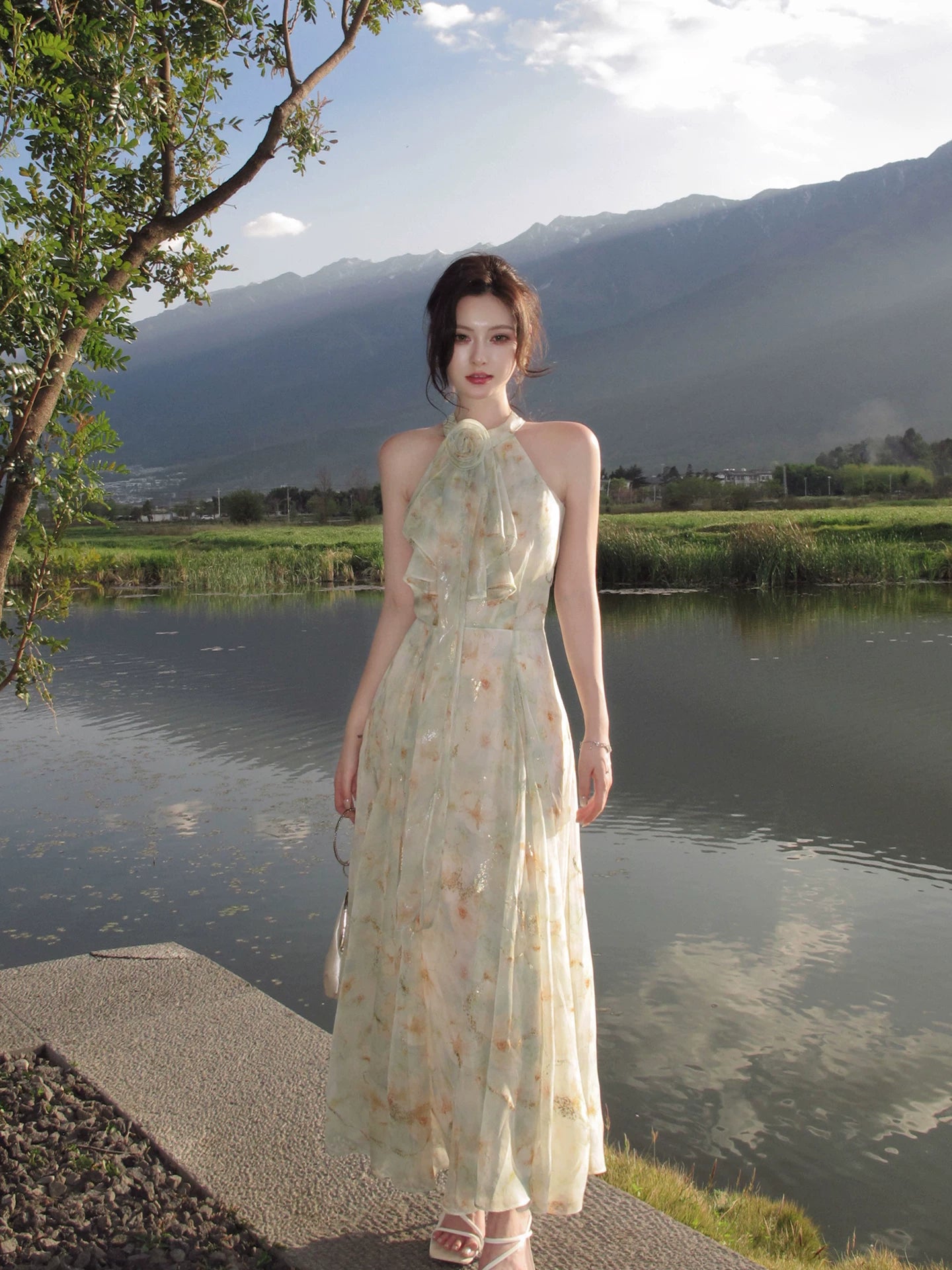 Green Flora Printed A Line Summer Dress Formal Wedding Guest Dress  L95