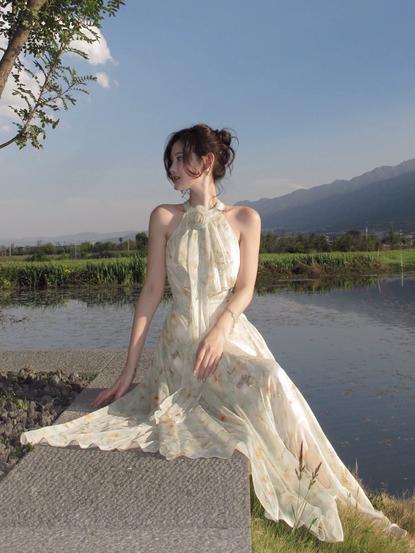 Green Flora Printed A Line Summer Dress Formal Wedding Guest Dress  L95