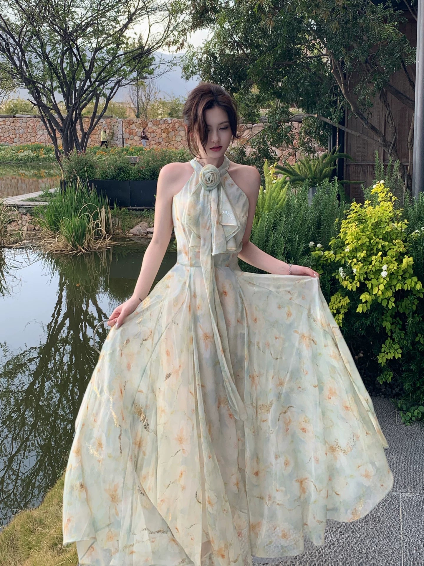 Green Flora Printed A Line Summer Dress Formal Wedding Guest Dress  L95