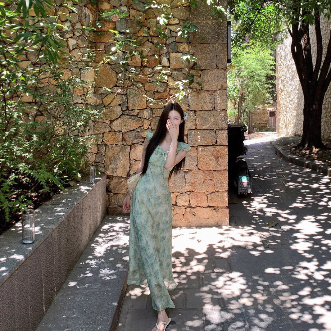 Green Floral Print Chiffon Long Dress for Summer   L73
