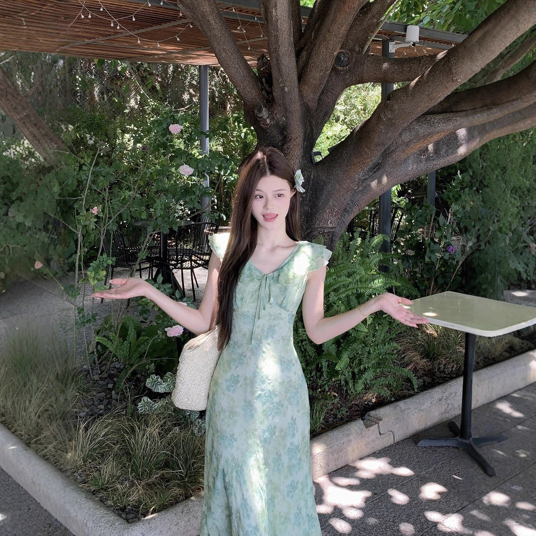 Green Floral Print Chiffon Long Dress for Summer   L73