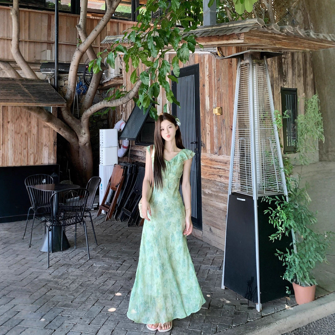 Green Floral Print Chiffon Long Dress for Summer   L73