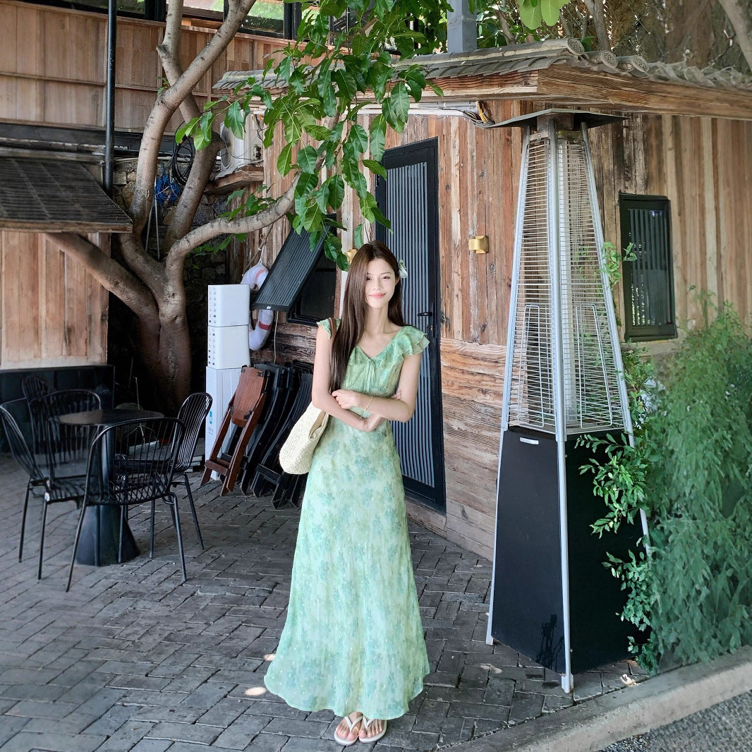 Green Floral Print Chiffon Long Dress for Summer   L73