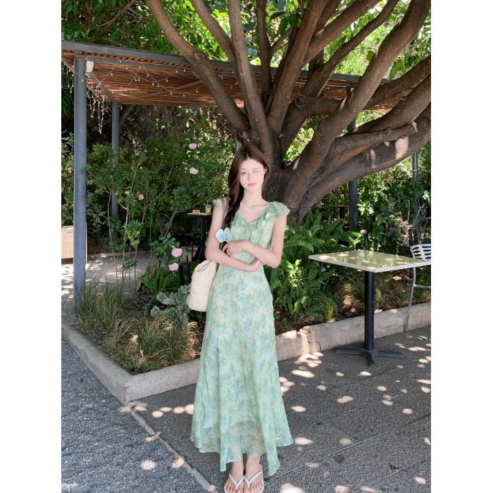 Green Floral Print Chiffon Long Dress for Summer   L73