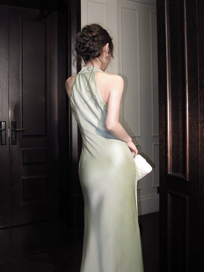 Green Halter V-neck Dress Mermaid Satin Evening Gown P1636