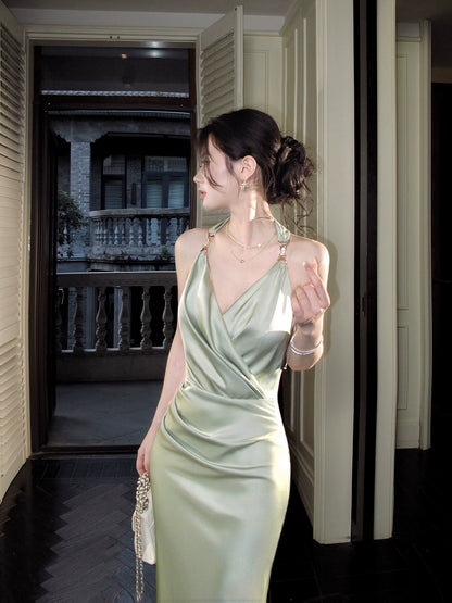 Green Halter V-neck Dress Mermaid Satin Evening Gown P1636