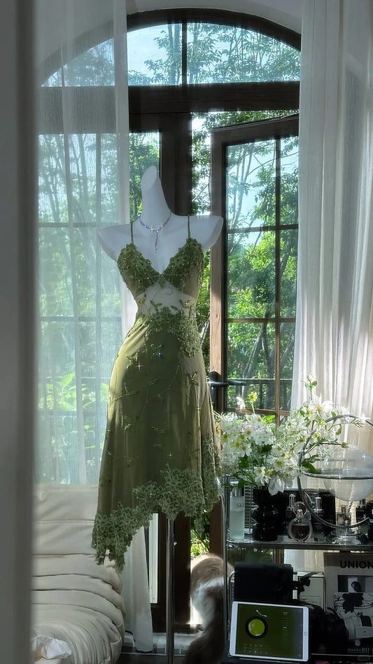 Green Lace Applique Retro Evening Dresses Ruffled Prom Dresses  P2199