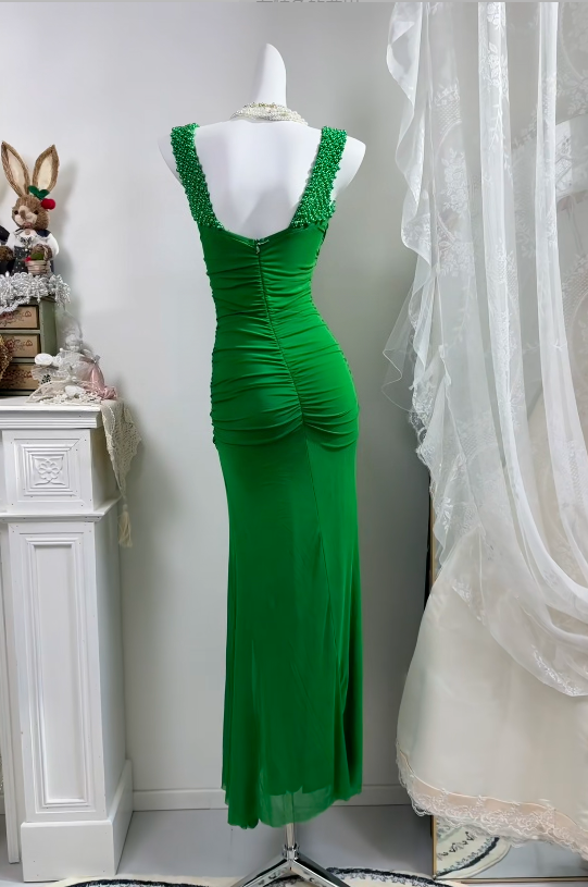 Green Mermaid Retro Formal Prom Dress Beaded Evening Gown  P1917