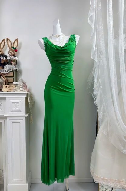 Green Mermaid Retro Formal Prom Dress Beaded Evening Gown  P1917