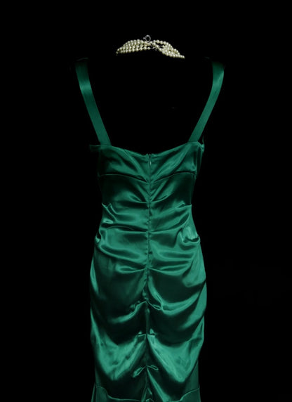 Green Mermaid Satin Formal Prom Dress V Neck Evening Dress  P2056