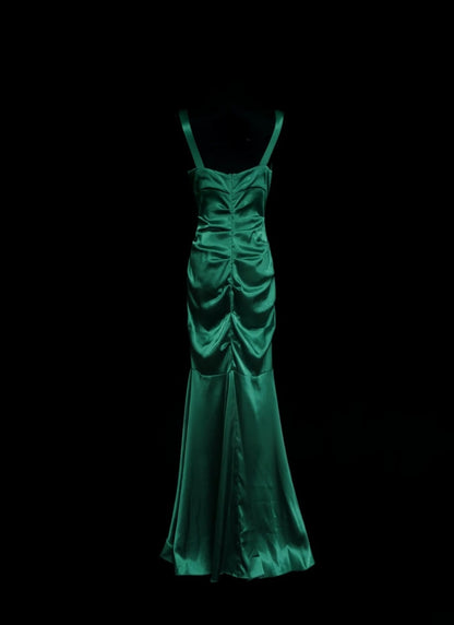 Green Mermaid Satin Formal Prom Dress V Neck Evening Dress  P2056