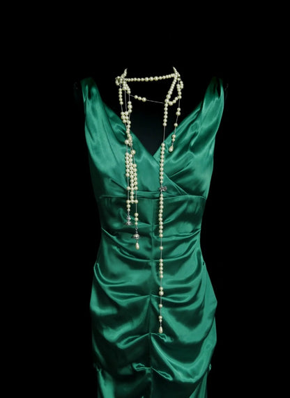 Green Mermaid Satin Formal Prom Dress V Neck Evening Dress  P2056