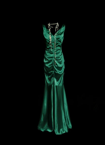 Green Mermaid Satin Formal Prom Dress V Neck Evening Dress  P2056