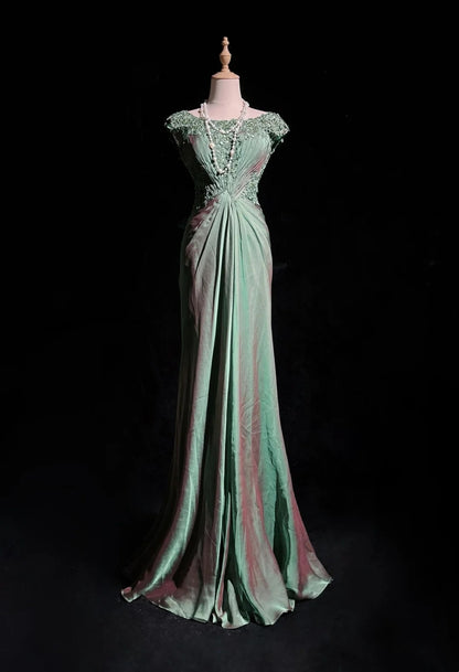 Green Mermaid Taffeta Retro Prom Dress With Appliques  P1832