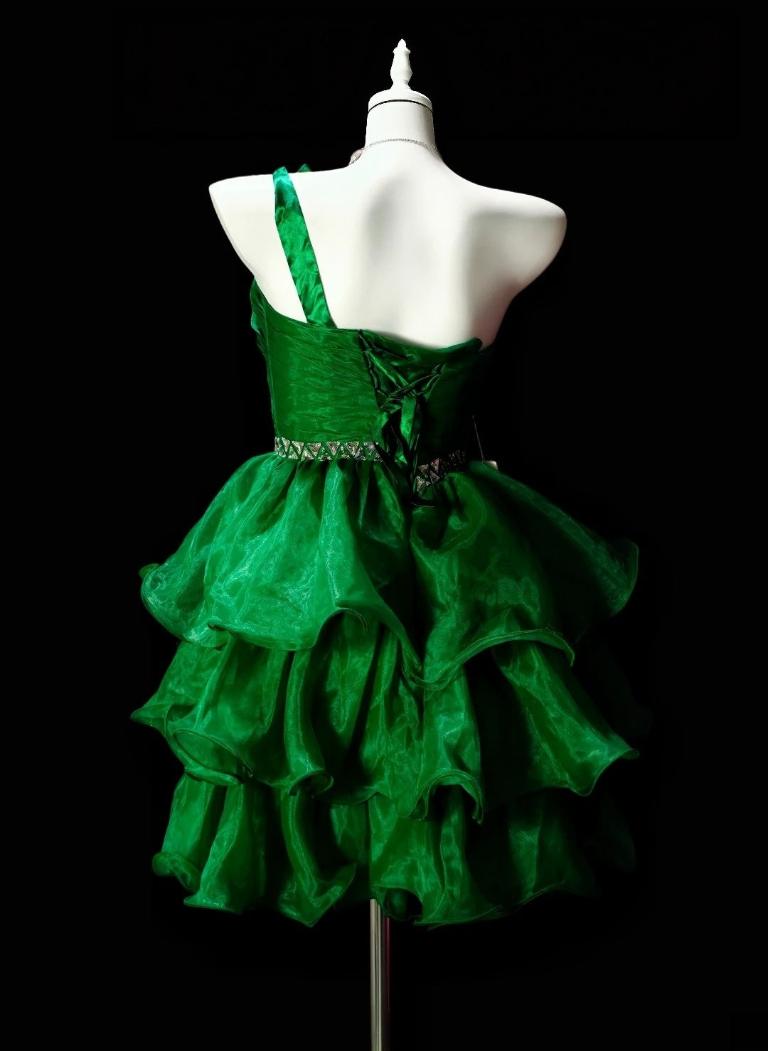 Green Satin A Line Homecoming Dress Layered Birthday Dress  P1975
