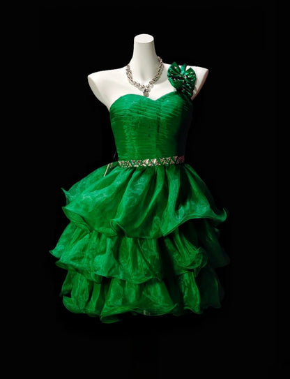 Green Satin A Line Homecoming Dress Layered Birthday Dress  P1975