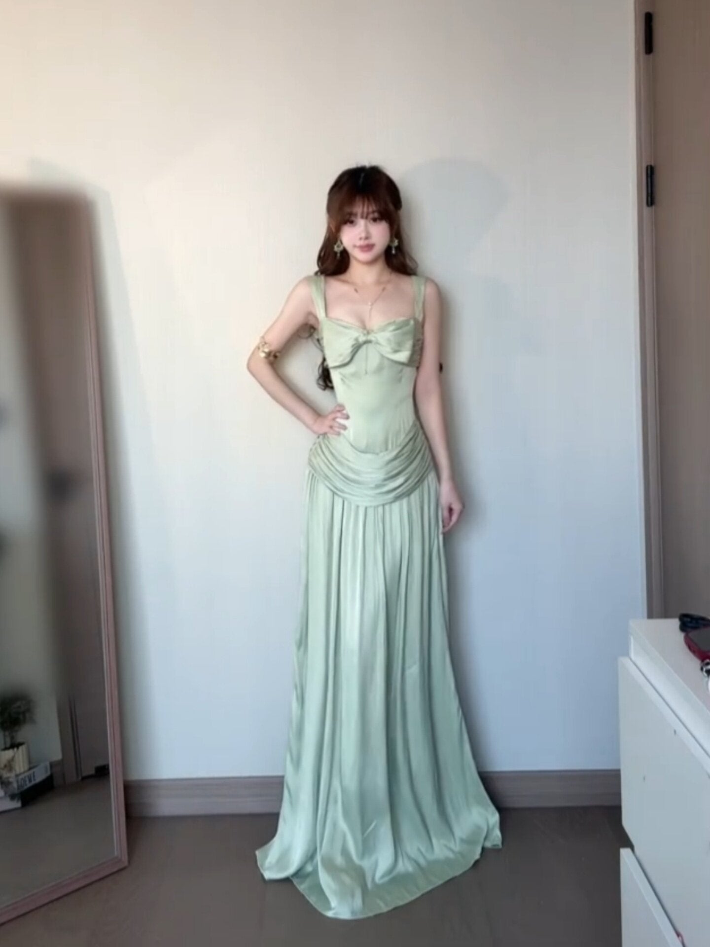 Green Satin A Line Prom Dress Formal Evening Dress  P935