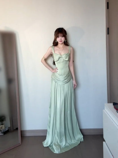 Green Satin A Line Prom Dress Formal Evening Dress  P935
