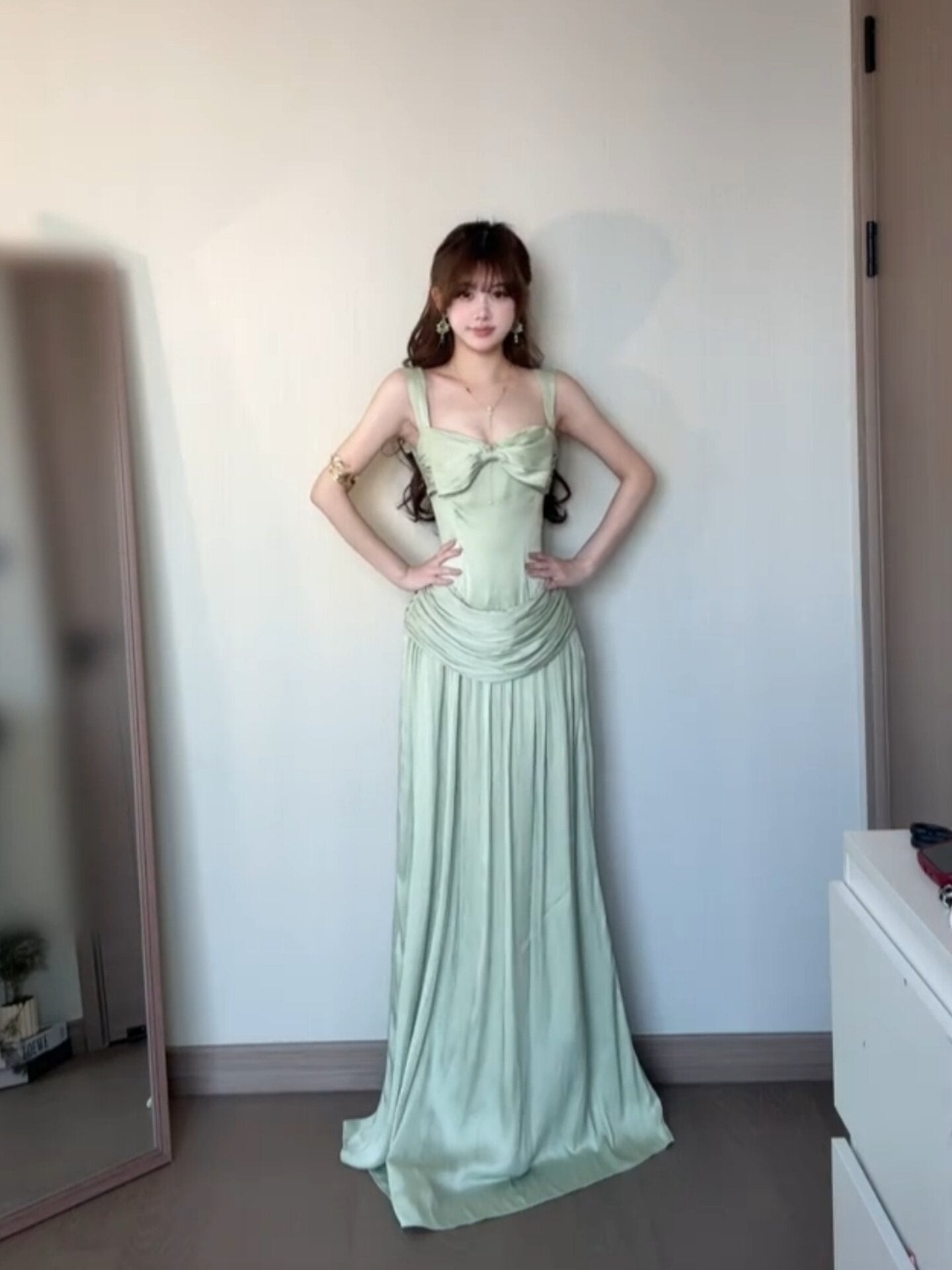 Green Satin A Line Prom Dress Formal Evening Dress  P935