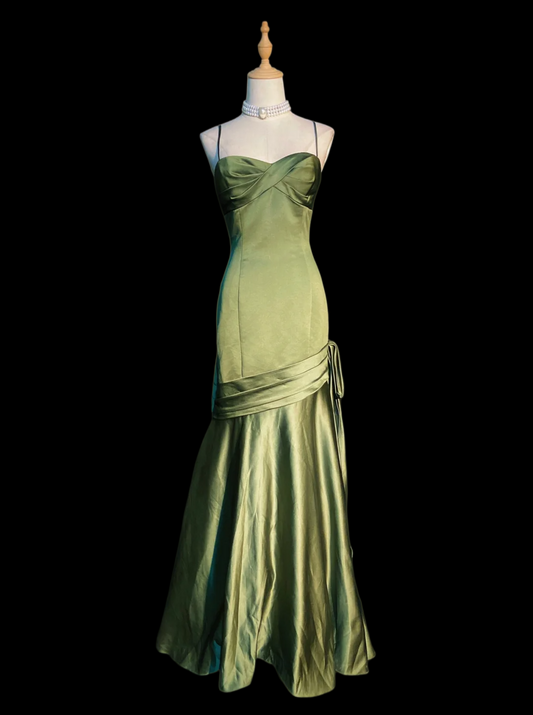 Green Satin Mermaid Long Prom Dress Spaghetti Straps Evening Dress  P926
