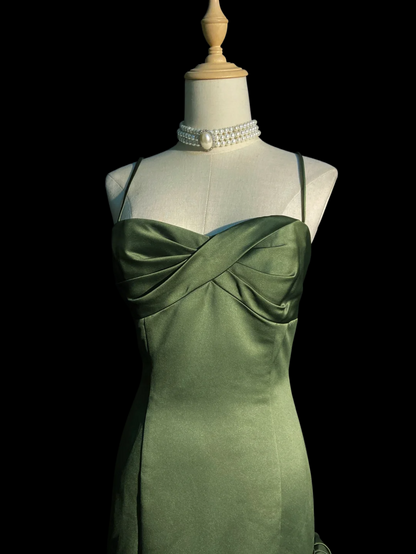 Green Satin Mermaid Long Prom Dress Spaghetti Straps Evening Dress  P926