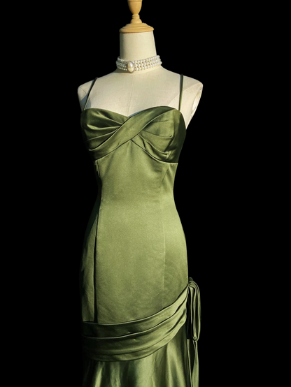 Green Satin Mermaid Long Prom Dress Spaghetti Straps Evening Dress  P926