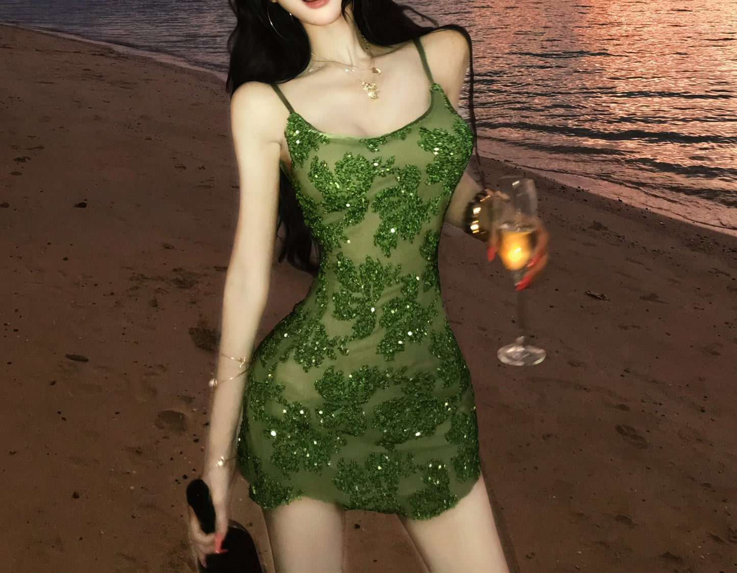 Green Sequins Lace Sheath Mini Birthday Dress Short Party Dress  L66