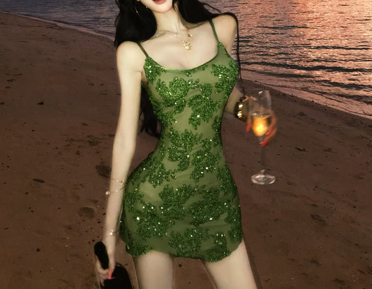 Green Sequins Lace Sheath Mini Birthday Dress Short Party Dress  L66