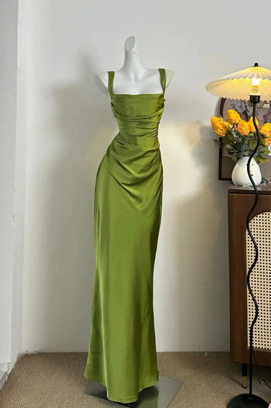 Green Square-Neck Ruched Satin Long Prom Dress   P739