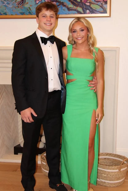 Green Square Satin Formal Prom Dress With High Slit  P2521