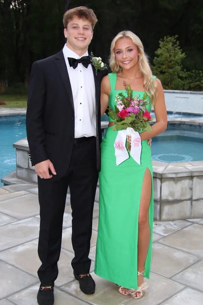 Green Square Satin Formal Prom Dress With High Slit  P2521