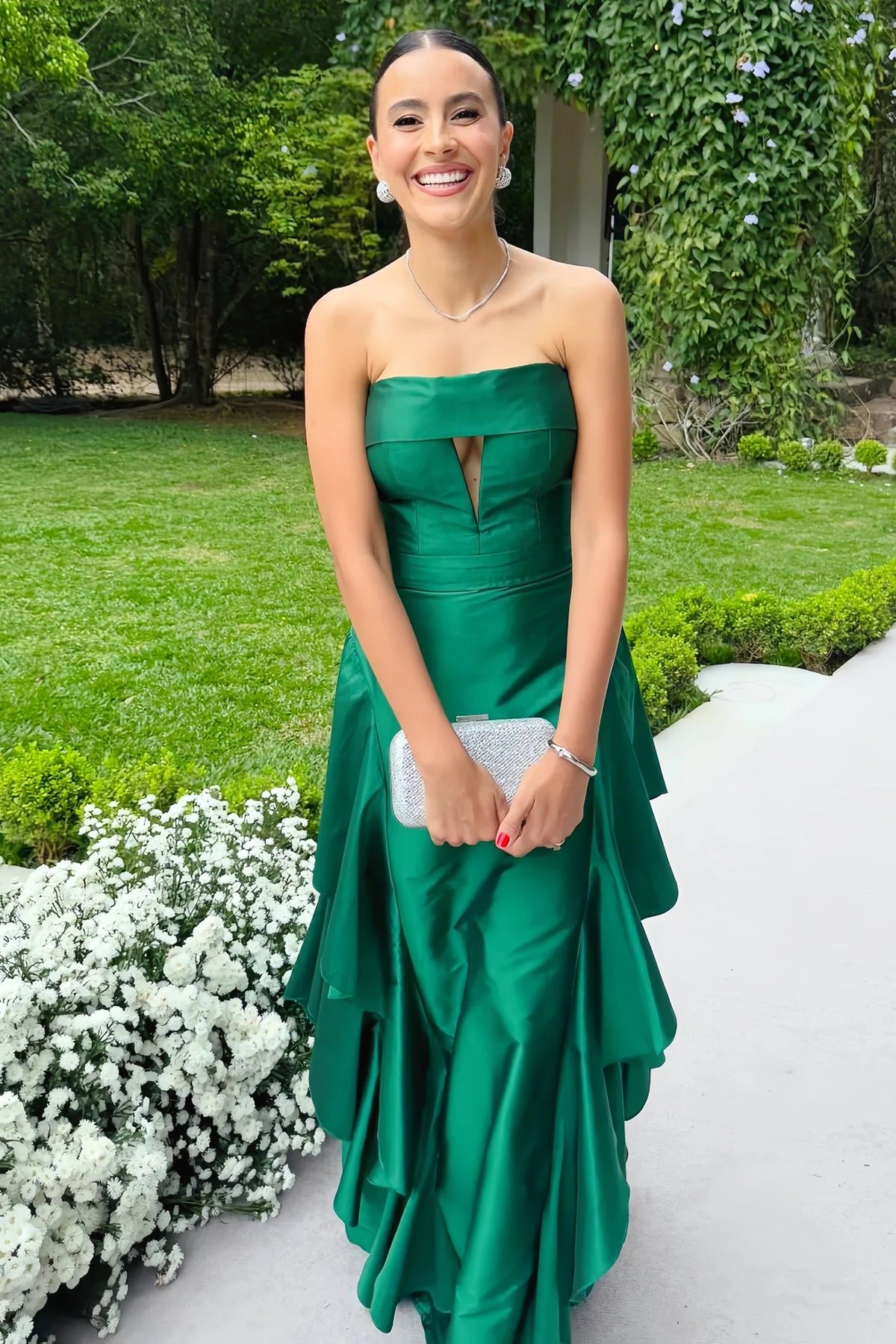 Green Strapless Ruffled Long Wedding Guest Dress  P2550