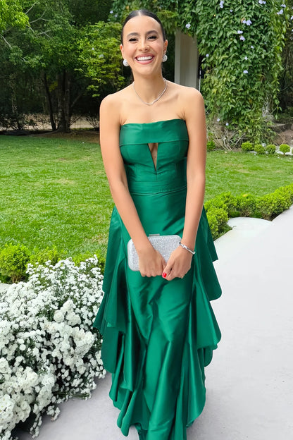 Green Strapless Ruffled Long Wedding Guest Dress  P2550