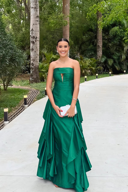Green Strapless Ruffled Long Wedding Guest Dress  P2550