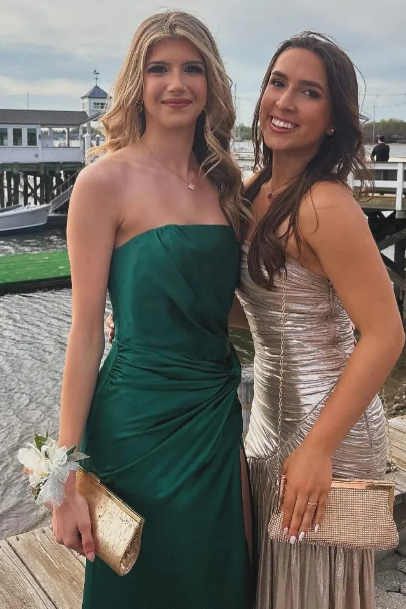 Green Strapless Satin Pleats Side Slit Formal Prom Dress  P2578