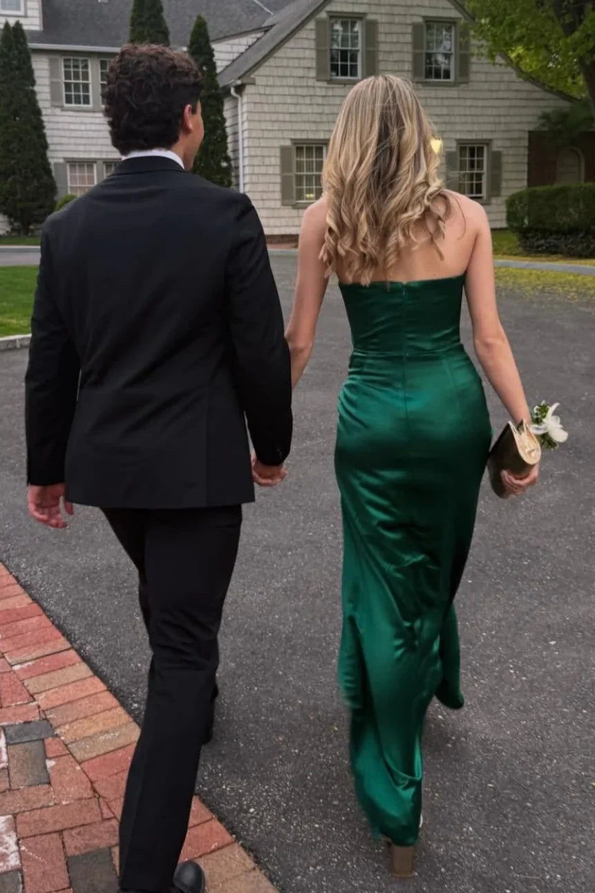 Green Strapless Satin Pleats Side Slit Formal Prom Dress  P2578