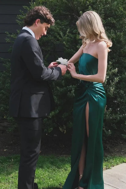 Green Strapless Satin Pleats Side Slit Formal Prom Dress  P2578