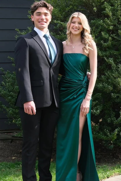 Green Strapless Satin Pleats Side Slit Formal Prom Dress  P2578