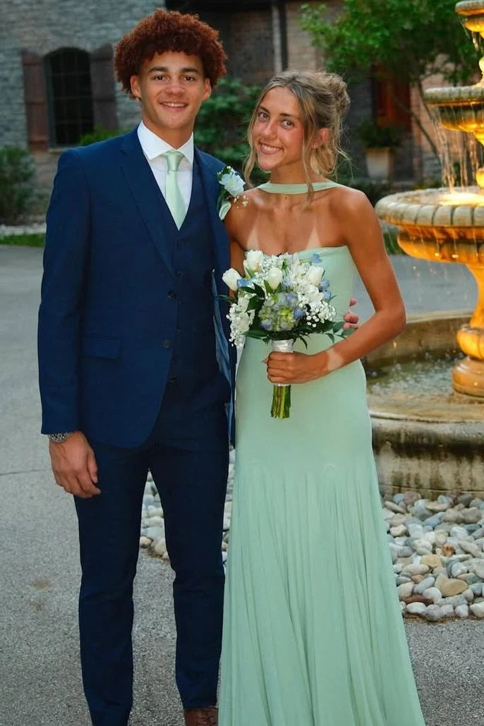 Green Strapless Scoop Neck Pleated Long Prom Dress  P2499