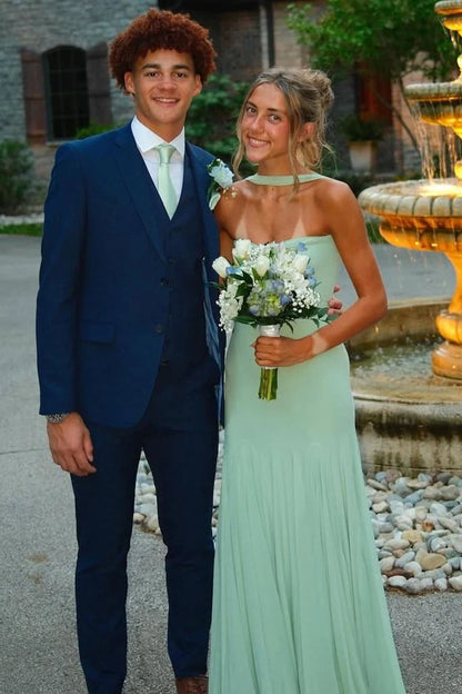 Green Strapless Scoop Neck Pleated Long Prom Dress  P2499
