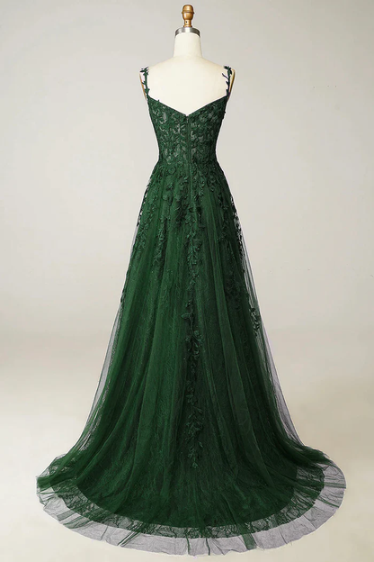 Green Tulle Lace Long Prom Dress Spaghetti Straps Formal Dress  P665