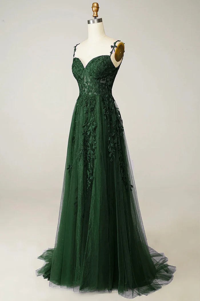Green Tulle Lace Long Prom Dress Spaghetti Straps Formal Dress  P665