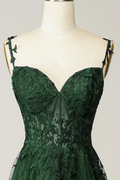 Green Tulle Lace Long Prom Dress Spaghetti Straps Formal Dress  P665