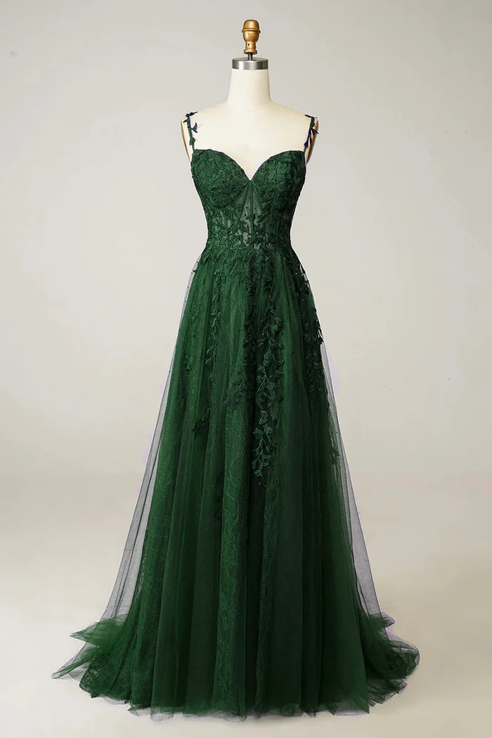 Green Tulle Lace Long Prom Dress Spaghetti Straps Formal Dress  P665