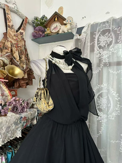 Halter A Line Black Chiffon Birthday Outfit Homecoming Dress  P2087